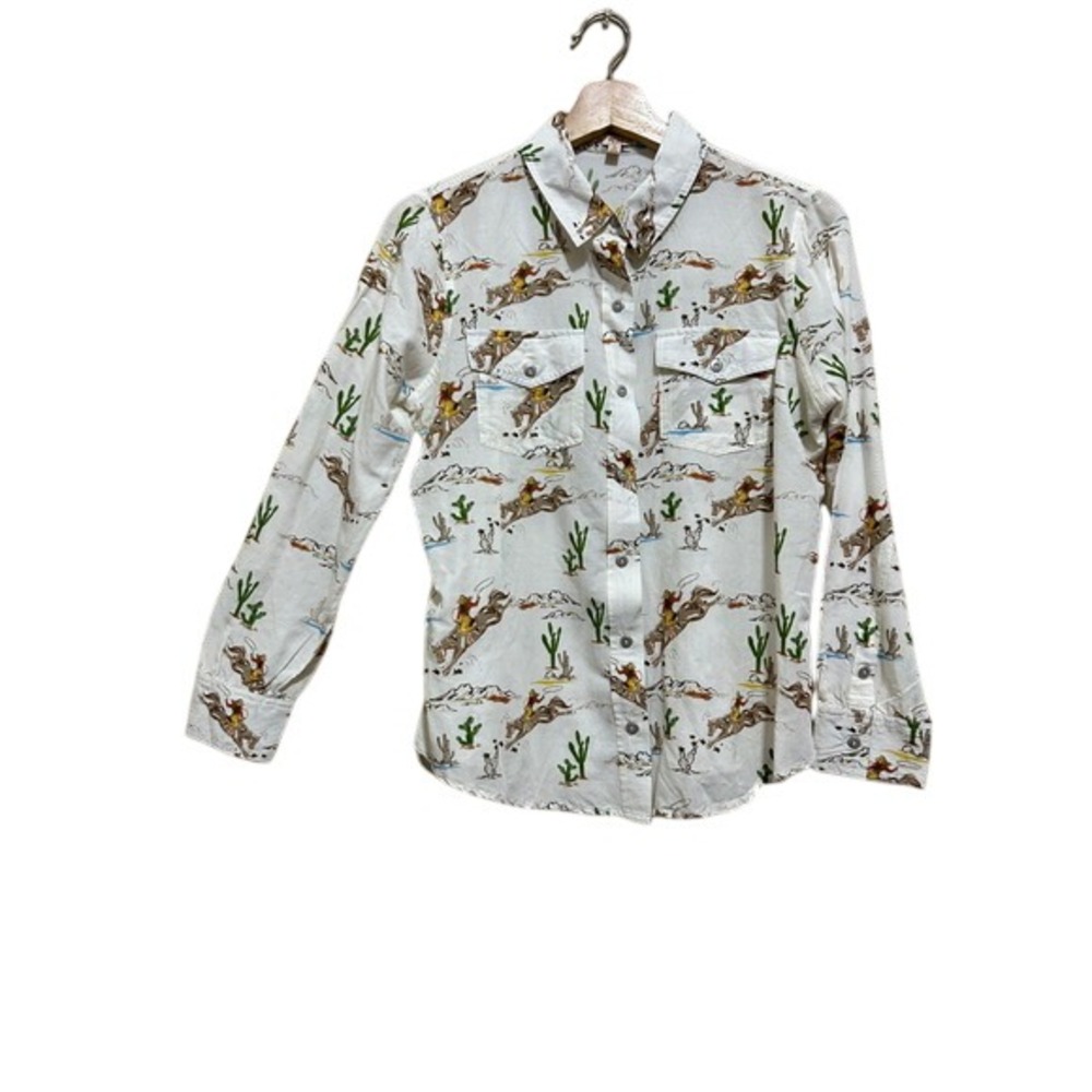 Reba Small Cowgirl Cactus Print Western Button Down Shirt White Rodeo Desert